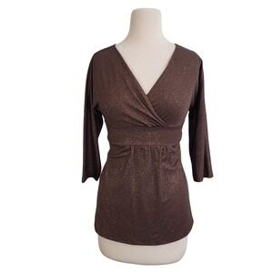 Y2K Express Brown Metallic Empire Waist V-Neck 3/4 Sleeve Shimmer Top S New